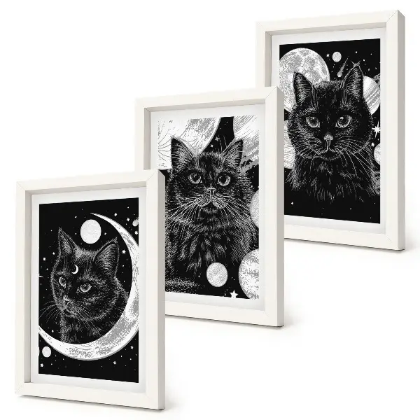 Black cats against the moon and planets space triptych framed three-piece wall art set