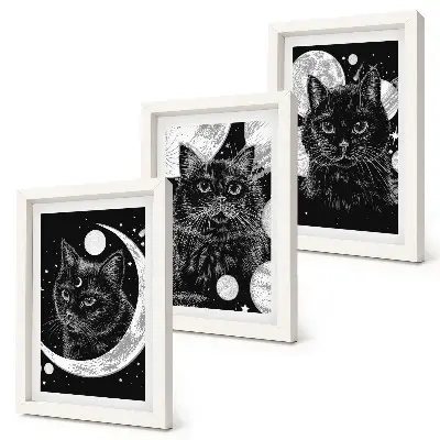 Framed triptych Black cats against the backdrop of the moon and planets in space