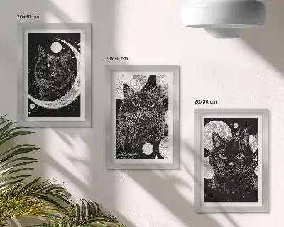 Black cats against the moon and planets space triptych framed three-piece wall art set