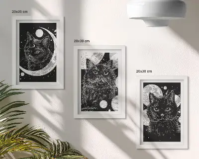 Black cats against the moon and planets space triptych framed three-piece wall art set