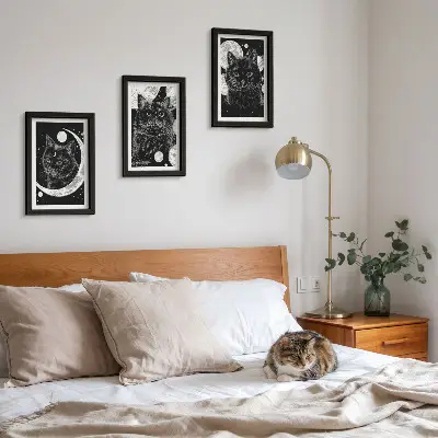Black cats against the moon and planets space triptych framed three-piece wall art set