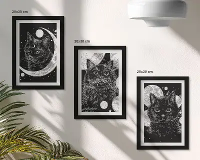 Black cats against the moon and planets space triptych framed three-piece wall art set