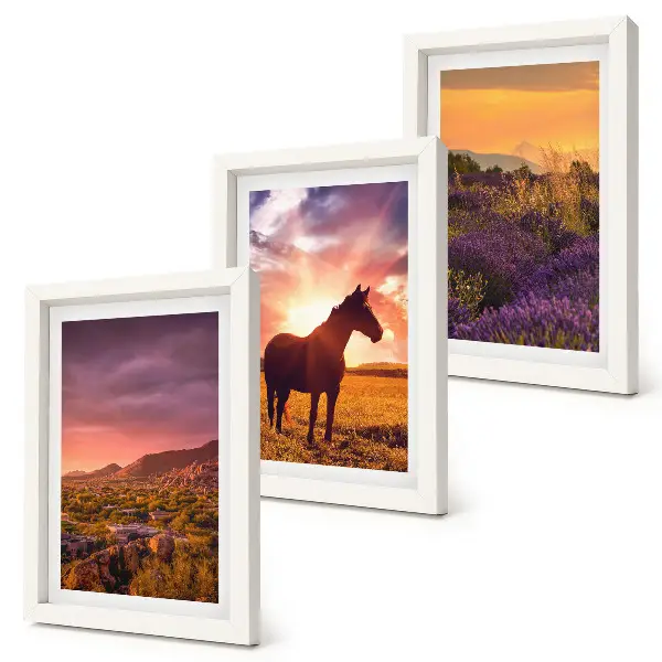 Mountain landscapes with horses and lavender fields framed triptych