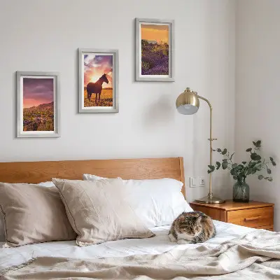 Mountain landscapes with horses and lavender fields framed triptych