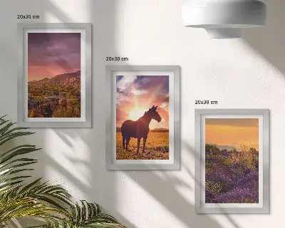 Mountain landscapes with horses and lavender fields framed triptych