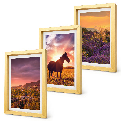 Framed triptych Mountain landscapes with horses and lavender fields