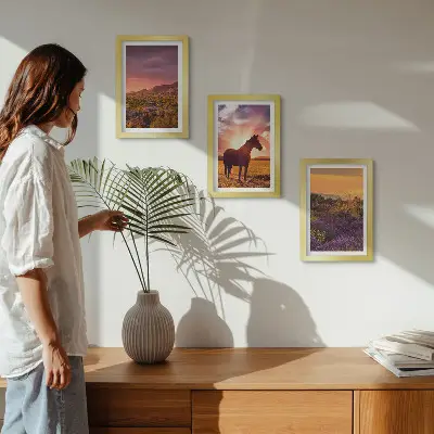 Mountain landscapes with horses and lavender fields framed triptych