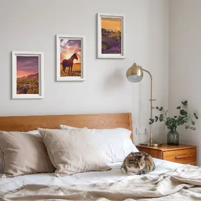 Mountain landscapes with horses and lavender fields framed triptych