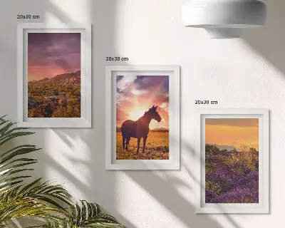 Mountain landscapes with horses and lavender fields framed triptych