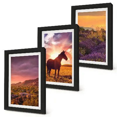 Mountain landscapes with horses and lavender fields framed triptych