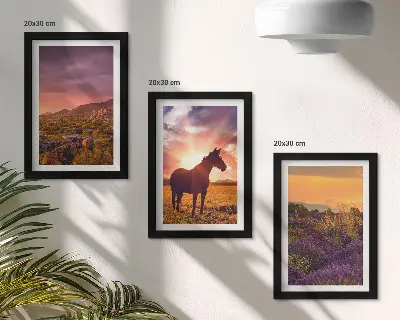 Mountain landscapes with horses and lavender fields framed triptych