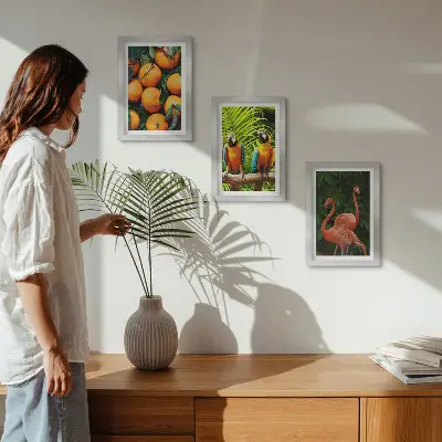 Photo frame wall with tropical fruity accents featuring parrots and flamingos