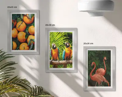 Photo frame wall with tropical fruity accents featuring parrots and flamingos