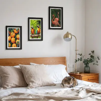 Photo frame wall with tropical fruity accents featuring parrots and flamingos