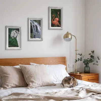 Framed triptych Tiger waterfall and pink flamingos in nature