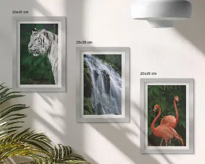 Tiger, waterfall, and pink flamingos art print framed triptych