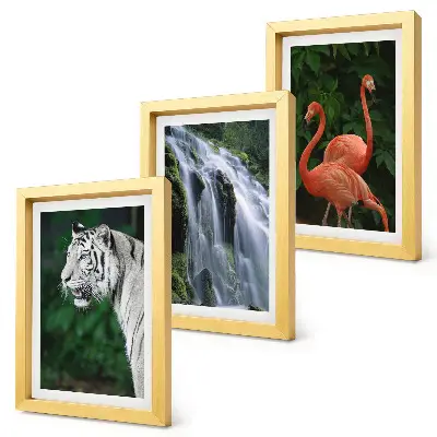 Tiger, waterfall, and pink flamingos art print framed triptych