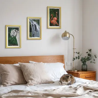 Tiger, waterfall, and pink flamingos art print framed triptych