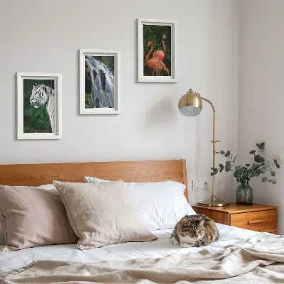 Framed triptych Tiger waterfall and pink flamingos in nature