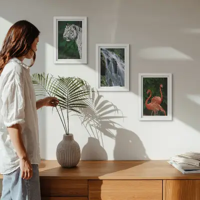 Tiger, waterfall, and pink flamingos art print framed triptych