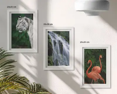 Framed triptych Tiger waterfall and pink flamingos in nature