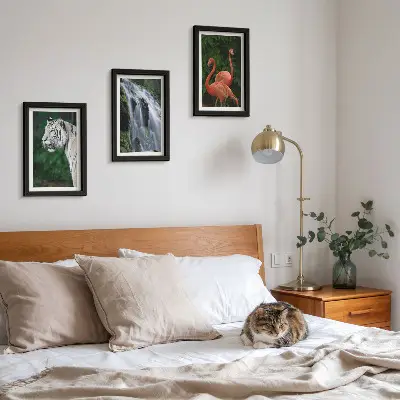 Framed triptych Tiger waterfall and pink flamingos in nature