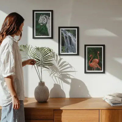 Tiger, waterfall, and pink flamingos art print framed triptych
