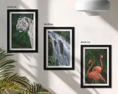 Tiger, waterfall, and pink flamingos art print framed triptych