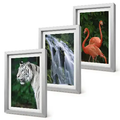 Tiger, waterfall, and pink flamingos art print framed triptych