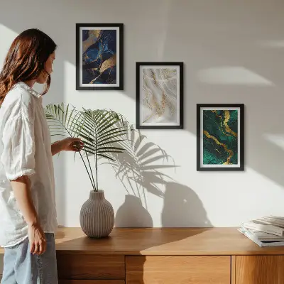 3-piece wall art set with abstract patterns in shades of blue and green