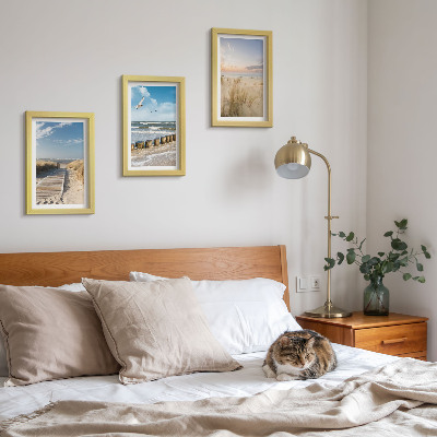 Photo frame wall Beach with sand, waves, sky and birds in flight