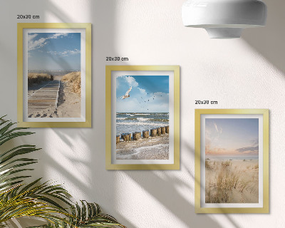 Photo frame wall Beach with sand, waves, sky and birds in flight