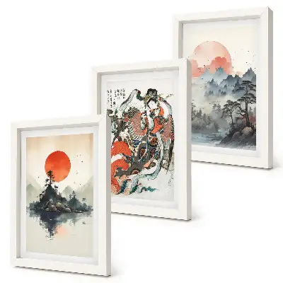 Japandi-style Asian landscape and portrait triptych framed wall art set