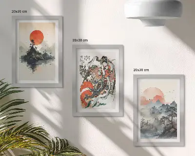 Japandi-style Asian landscape and portrait triptych framed wall art set