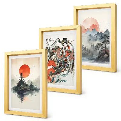 Japandi-style Asian landscape and portrait triptych framed wall art set