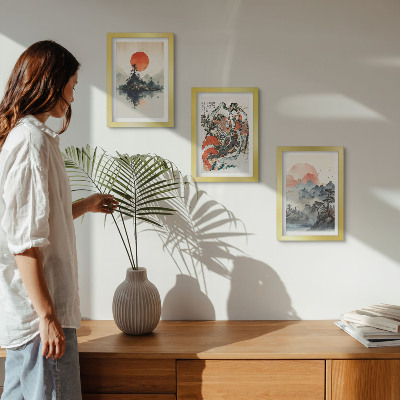 Framed triptych Asian landscape paintings and portraits in the Japandi style