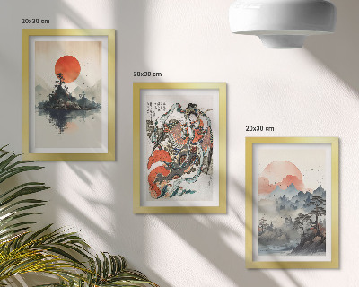 Framed triptych Asian landscape paintings and portraits in the Japandi style