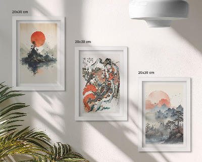 Framed triptych Asian landscape paintings and portraits in the Japandi style