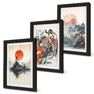 Framed triptych Asian landscape paintings and portraits in the Japandi style