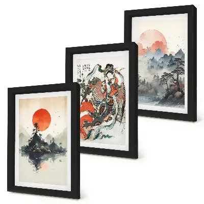 Japandi-style Asian landscape and portrait triptych framed wall art set