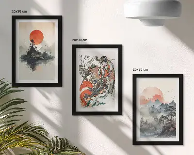 Japandi-style Asian landscape and portrait triptych framed wall art set
