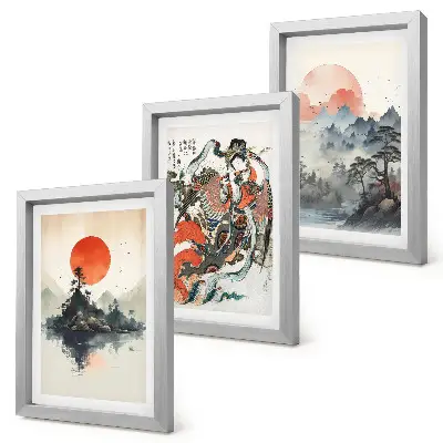 Japandi-style Asian landscape and portrait triptych framed wall art set