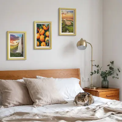 Waterfall mountain oranges Italian landscape with sunset framed triptych