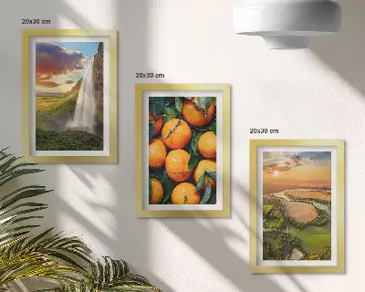 Waterfall mountain oranges Italian landscape with sunset framed triptych