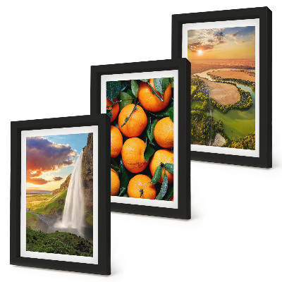 Framed triptych Waterfall Mountain Oranges Italian Landscape with Sunset