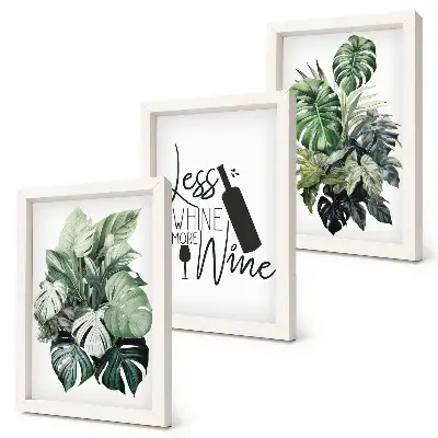 3-piece wall art set green plant leaves with wine inscription