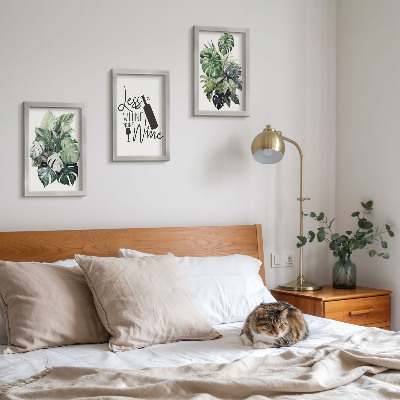 3-piece wall art set Plant leaves in shades of green with the inscription about wine
