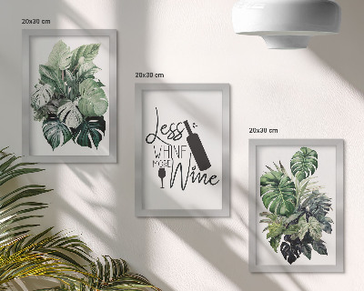 3-piece wall art set Plant leaves in shades of green with the inscription about wine