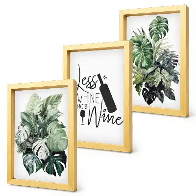 3-piece wall art set green plant leaves with wine inscription