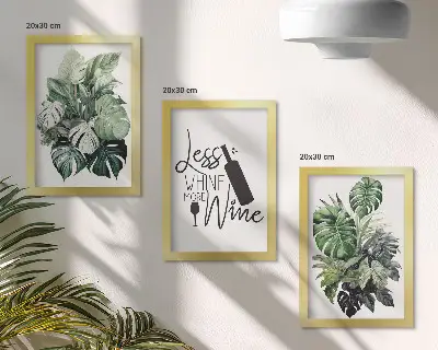 3-piece wall art set green plant leaves with wine inscription